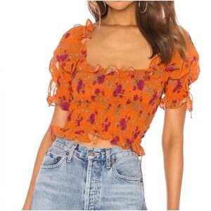 For Love & Lemons Peony Floral Smocked‎ Crop Top Tangerine Orange XS